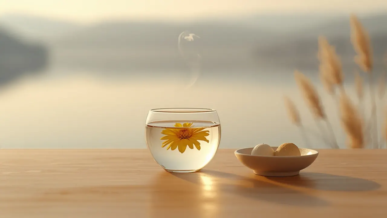 湖畔のすすきを背に、木のテーブルに置かれた、黄色い花が浮かぶガラスの茶器と小さな菓子。実際の景色や施設とは異なります(イメージ)