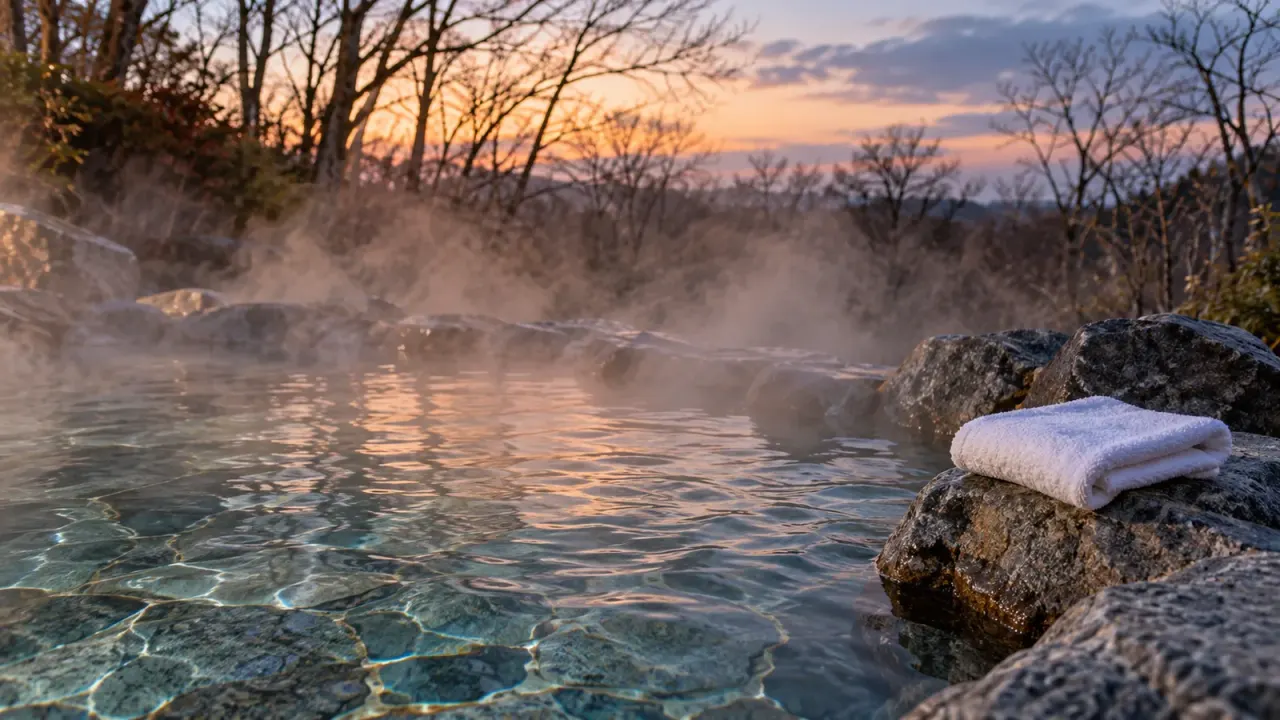 夕方の石づくりの露天風呂から湯気が立ちのぼり、奥に冬枯れの木立が見える様子(イメージ)