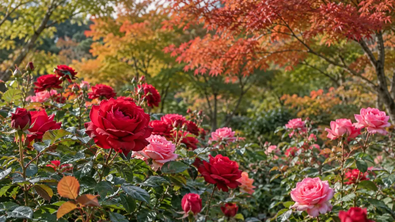 秋の庭園で、赤とピンクの秋バラが咲く花壇の奥に、色づき始めた紅葉の木が並ぶ(イメージ)