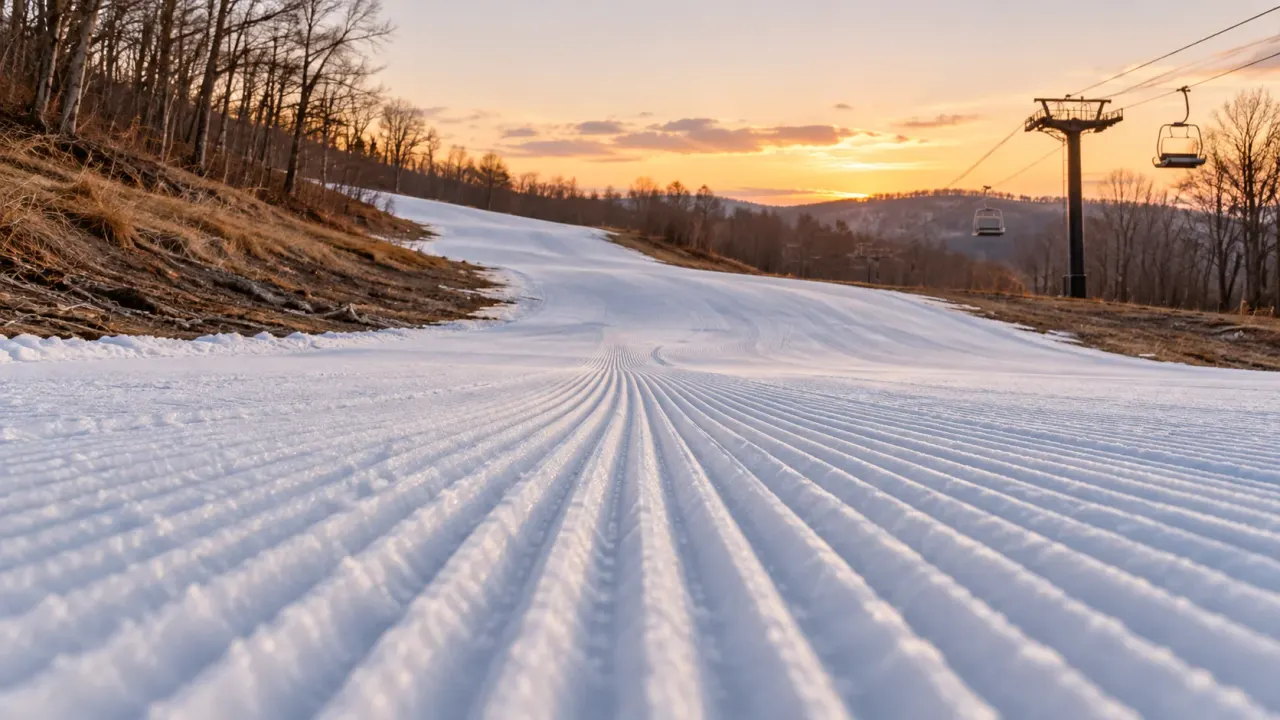 初冬の夕方、うすく雪ののったゲレンデに圧雪の筋が続き、わきに落葉した木々とリフトが見える(イメージ)