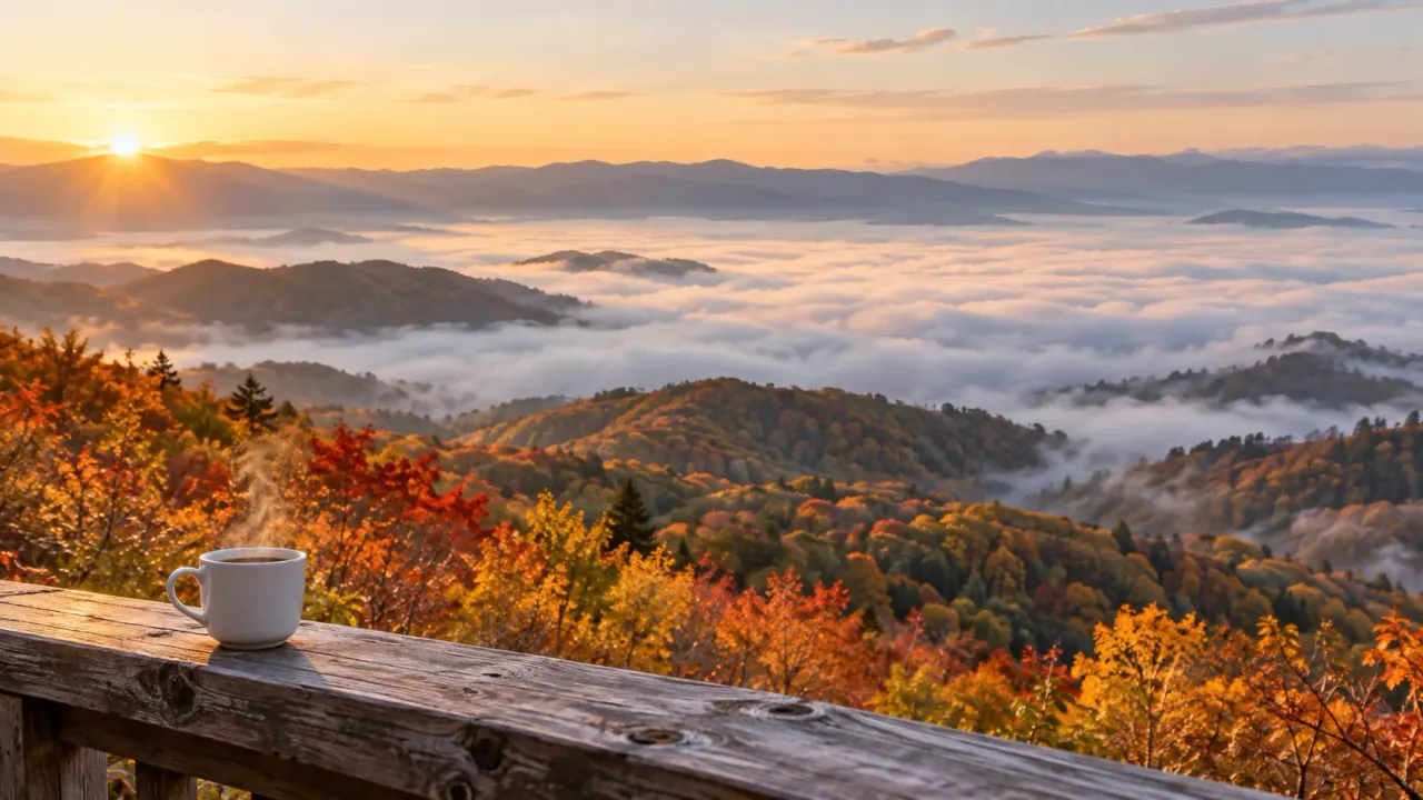紅葉に染まったなだらかな山の斜面と、谷を埋める朝の雲海。手前の木の手すりにコーヒーカップ(イメージ)