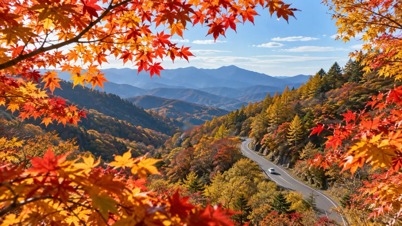 赤や黄色に色づいたカエデの枝ごしに見える、秋の山あいの道と重なる山並み(イメージ)