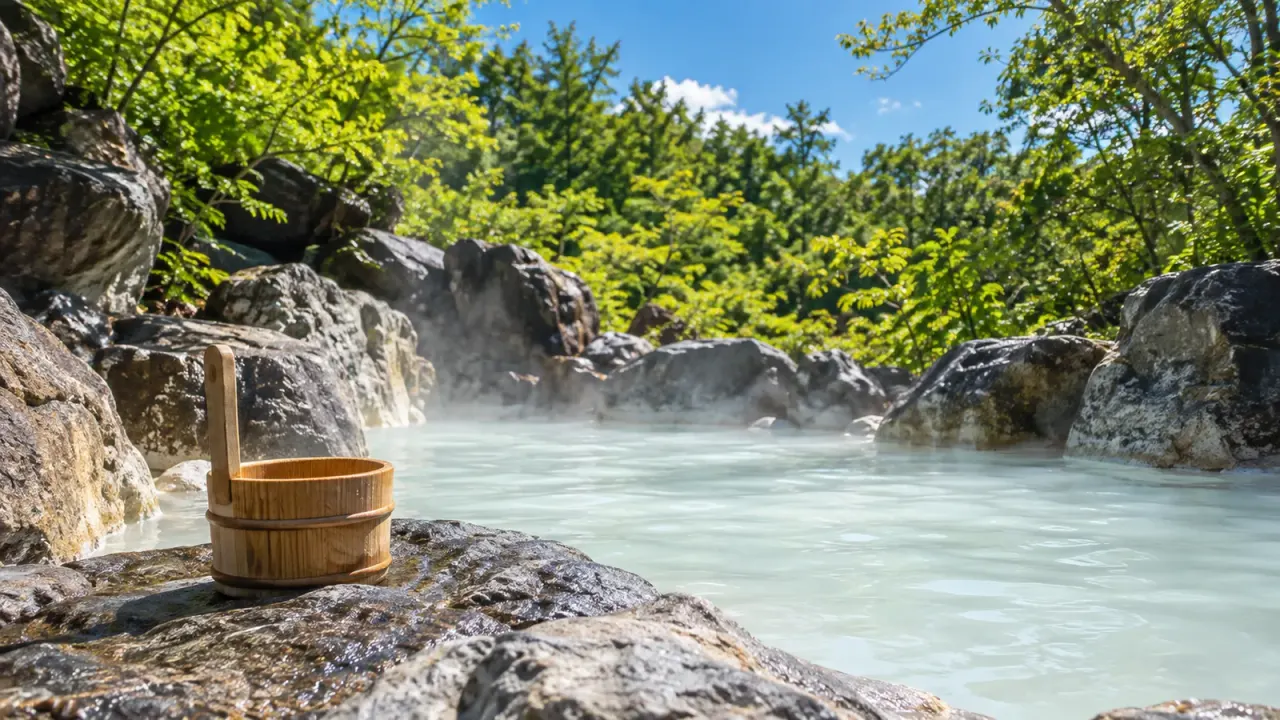 湯気の立つ白くにごった露天風呂と、そのそばに置かれた木の手おけ(イメージ)