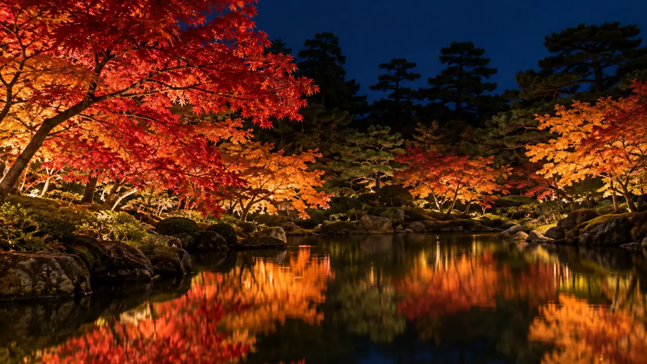 晩秋の夜、池のほとりでライトアップされた紅葉(イメージ)