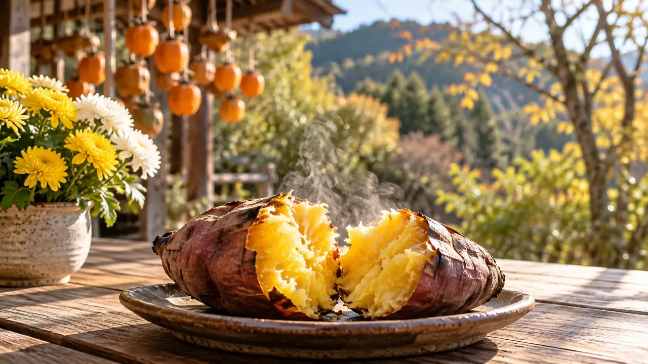 11月の午後、木のテーブルの上で割った焼き芋から湯気が立ち、左に黄色と白の菊の鉢。奥の軒先に干し柿が下がり、黄みがかった木々と山が見える(イメージ)