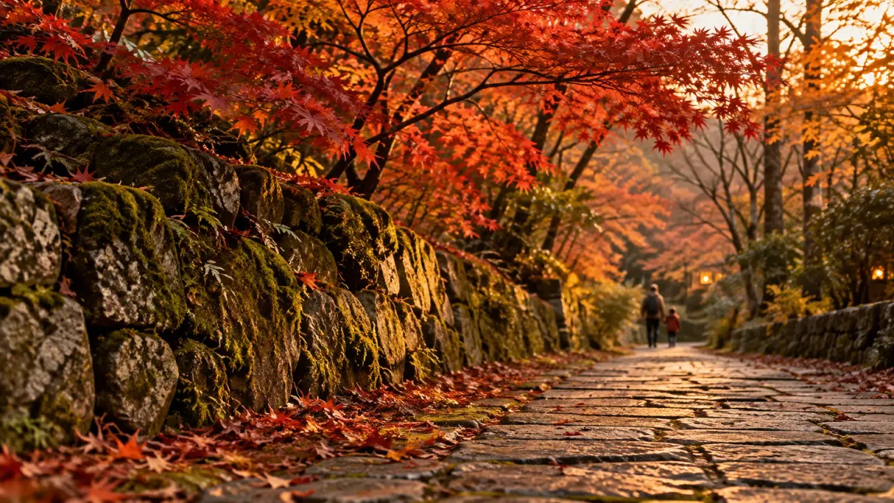 苔むした石垣のわきで赤く色づいたモミジが枝を広げ、石畳の小道を大人と子どもが歩いていく夕方の紅葉(イメージ)