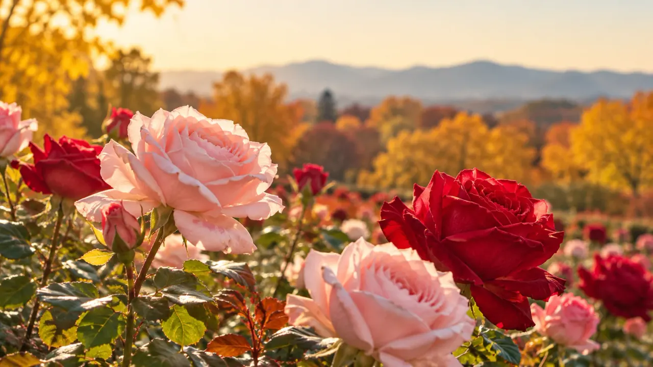 秋の午後のばら園の花壇。淡いピンクと深い赤のばらに逆光が透け、奥に黄葉の木々(イメージ)