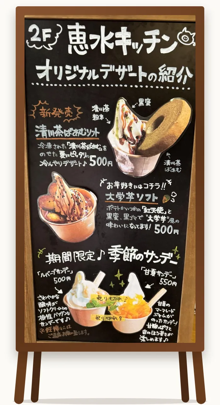 店の黒板の写真をそのまま、A型の立て看板の絵の枠にはめ込んだもの。清川茶ばあむソフト・大学芋ソフト・季節のサンデーの紹介(写真)