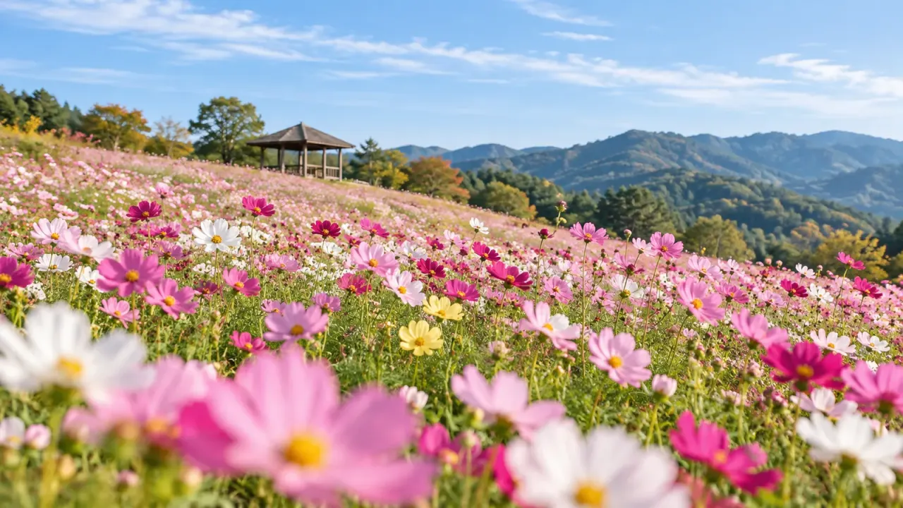見ごろを迎えた秋桜の丘に木の東屋が見える秋の里山。今の咲き具合ではありません(イメージ)