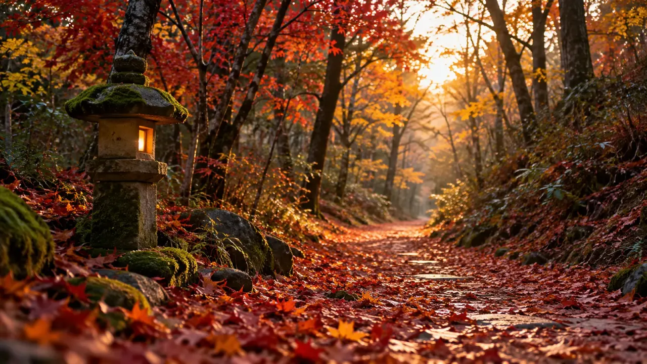 落ち葉の積もった小道に、赤と黄の紅葉と、苔むした石灯籠が淡く灯る夕方(イメージ)