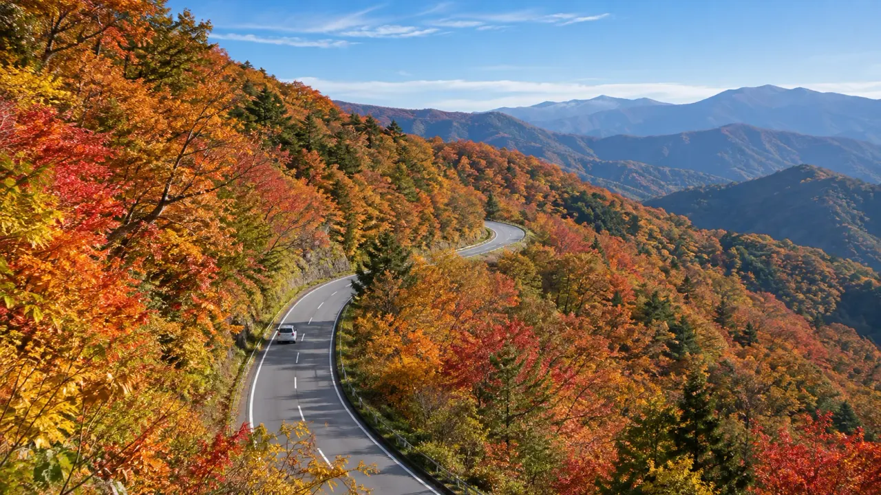 紅葉に色づいた山の斜面を、ゆるいカーブを重ねて上っていく山の道(イメージ)
