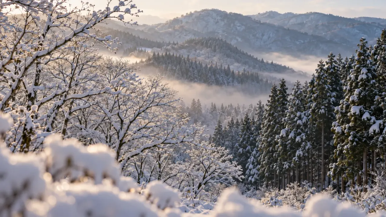 雪をかぶったブナの枝とスギの林の向こうに、なだらかな雪山が霧の中に連なる冬の朝(イメージ)