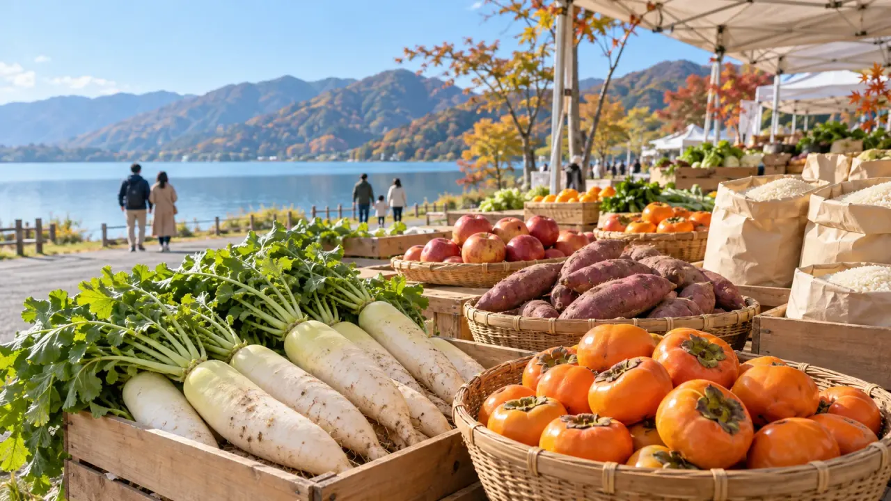 晩秋の朝、湖のそばに野菜と柿を並べた市。人は遠くを歩いている。実際の会場とは異なります(イメージ)
