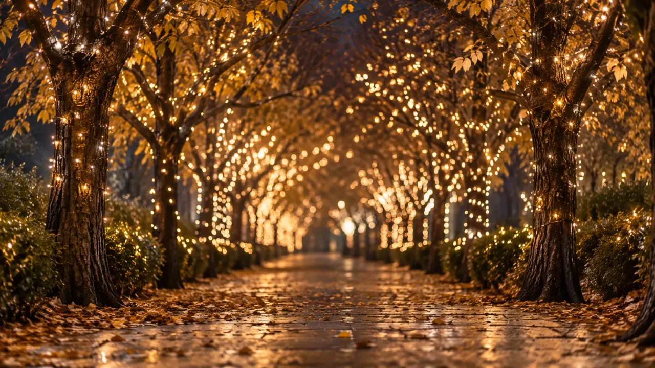 黄色く色づいた葉の残る並木道に、白と金色の電球が灯る初冬の夜(イメージ)