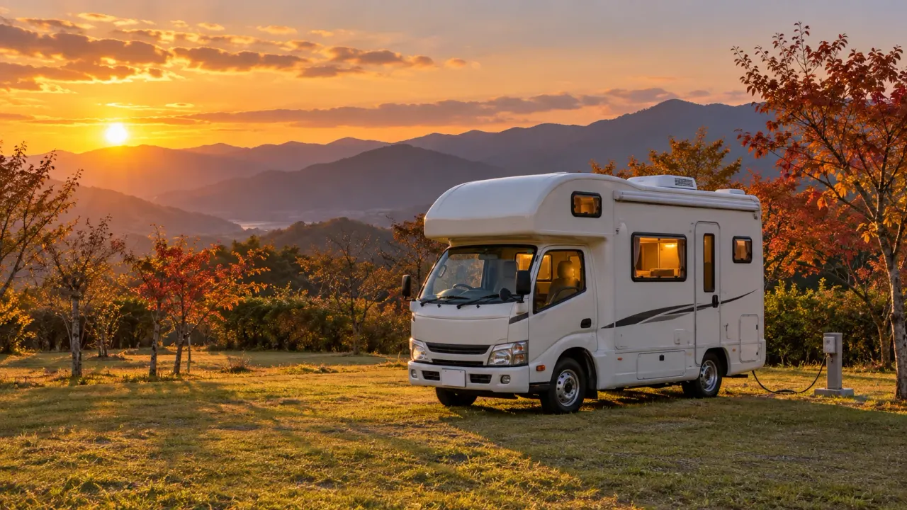 秋の夕方、芝生の区画にとまった白いキャンピングカーと、そばにある電源の設備、遠くに山並み(イメージ)