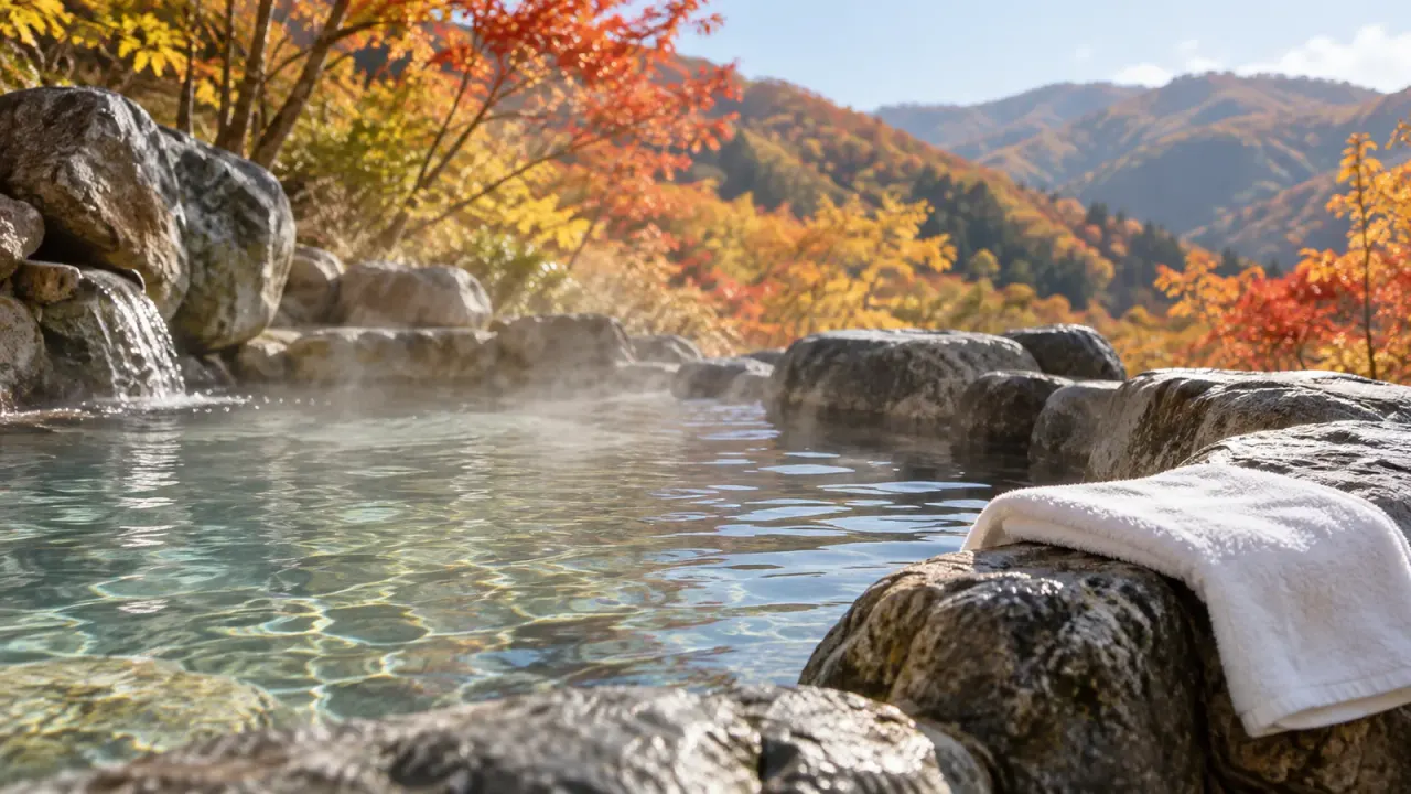 山あいの石づくりの露天風呂から湯気が立ち、湯船のふちに白いタオルが置かれた様子(イメージ)