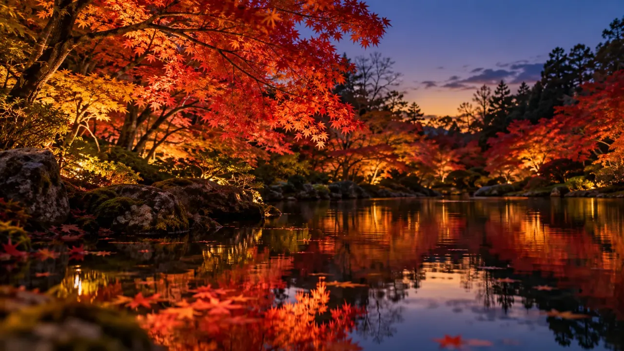 晩秋の夕暮れ、池のほとりでライトアップされた紅葉(イメージ)