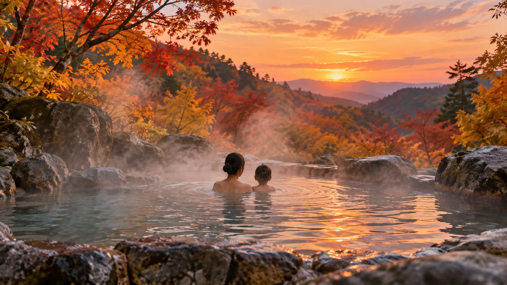 夕方の山あいの露天風呂で、親子が後ろ向きに並んで湯につかり、湯気の向こうに色づいた木々が見える様子(イメージ)