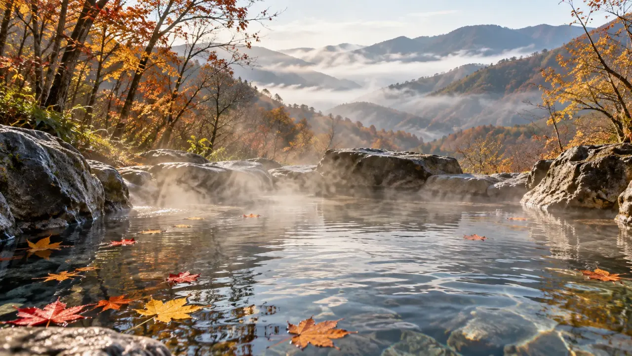 晩秋の朝、湯気の立つ岩の露天風呂に赤と黄の落ち葉が浮かび、朝もやの山あいが広がる(イメージ)