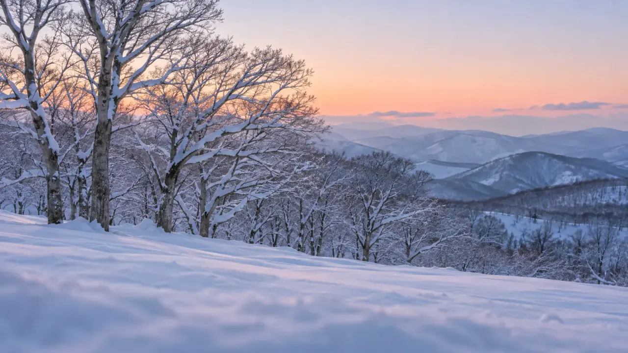 夜明けの雪原に、雪をかぶったブナの林が並び、なだらかな山並みが遠くに続く(イメージ)