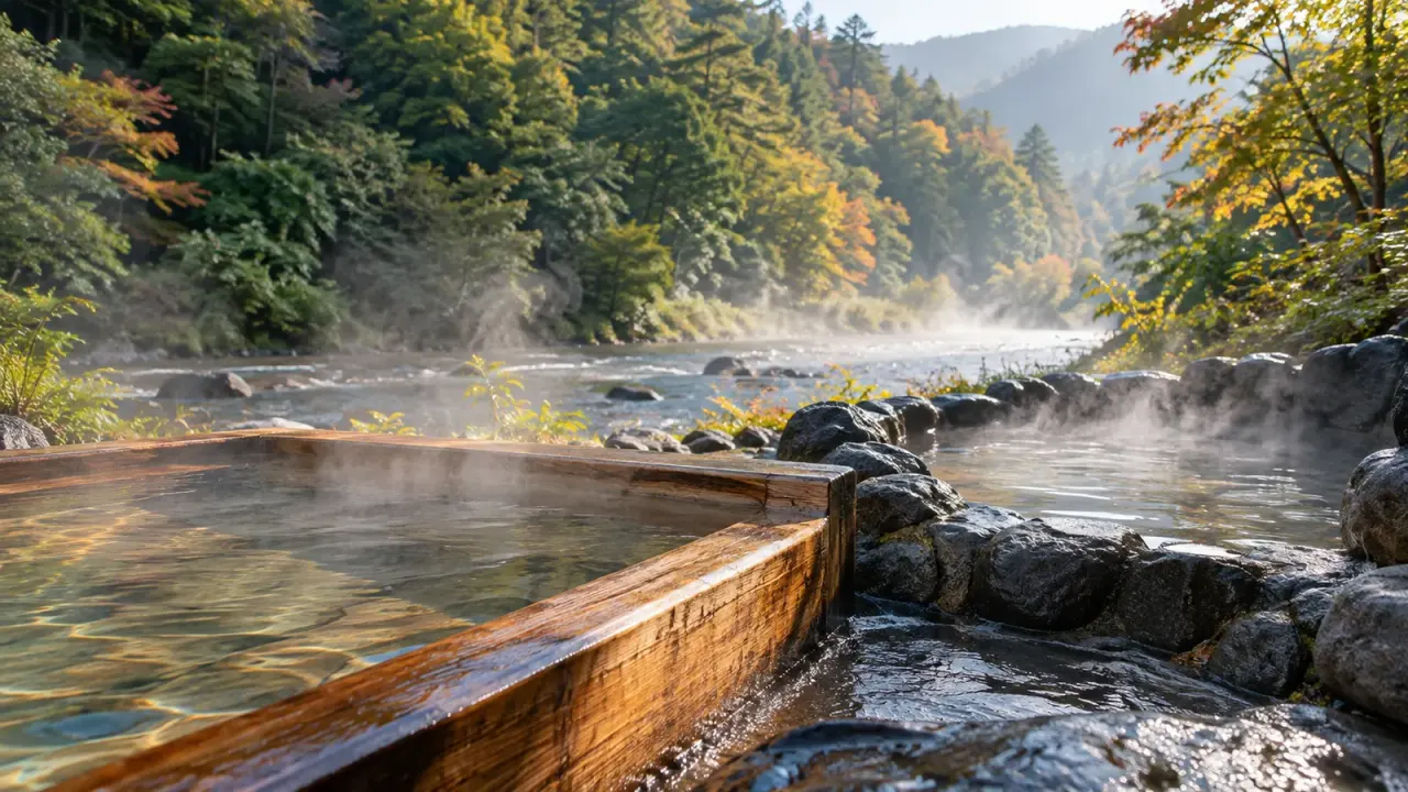 朝霧のたつ川沿いに、檜の湯船と石の露天風呂から湯気が立ちのぼる(イメージ)