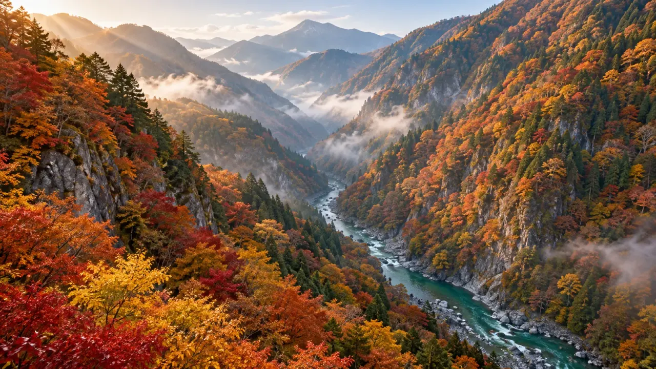 朝霧が谷にかかる、秋の山あいの深い渓谷(イメージ)