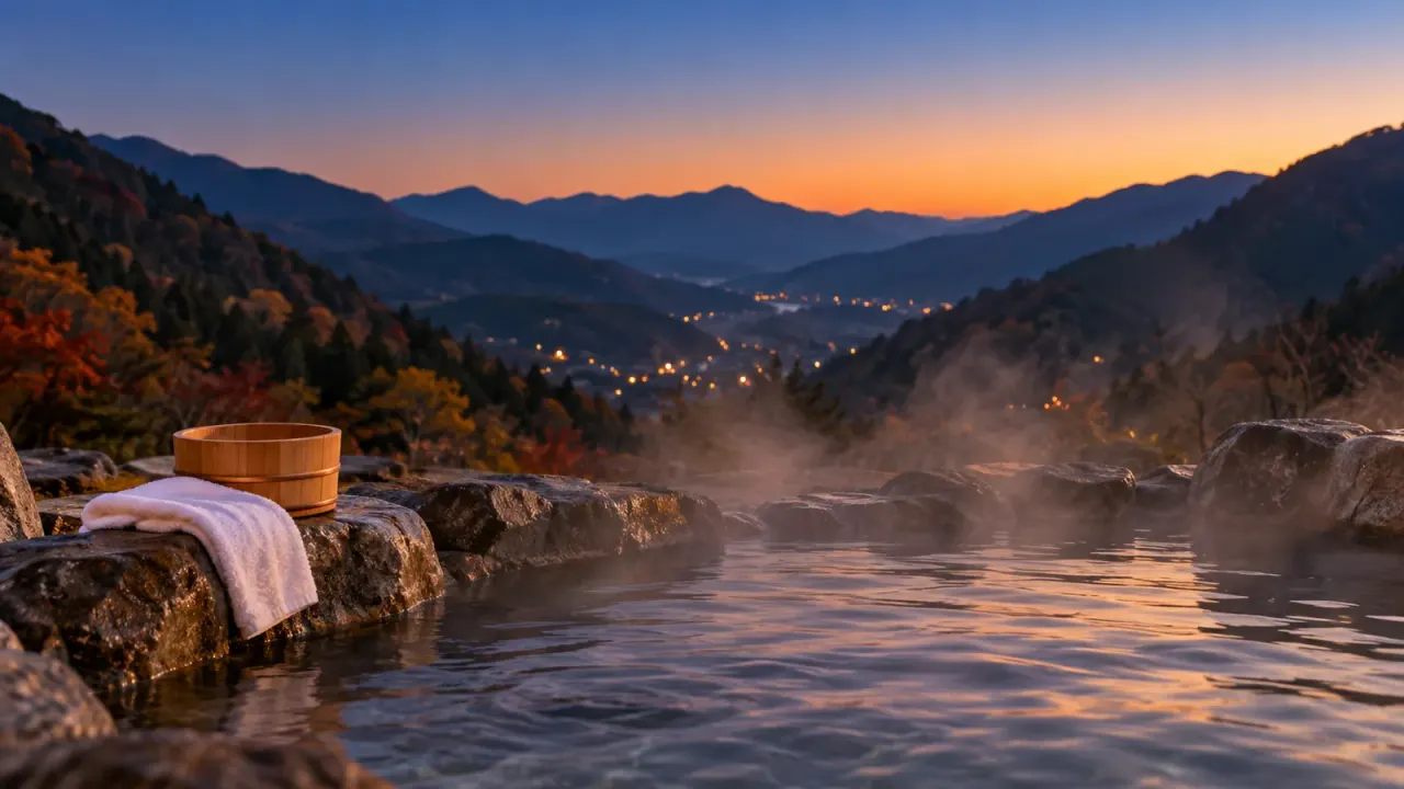 11月初めの夕暮れ、紅葉の山に囲まれた谷あいに家の明かりがともり、手前に湯気の立つ石の露天風呂と木の湯桶が見える。実際の景色や施設とは異なります(イメージ)