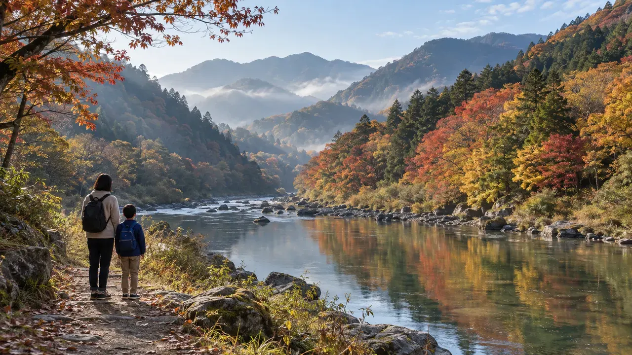 紅葉に色づいた渓谷の川沿いで、後ろ姿の親子が朝の景色を眺めている(イメージ)