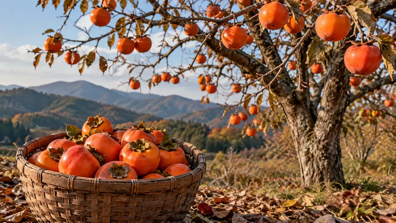 柿の実がたわわに実る木と、収穫したばかりの柿を入れた木の籠が、秋の山並みを背に並ぶ(イメージ)