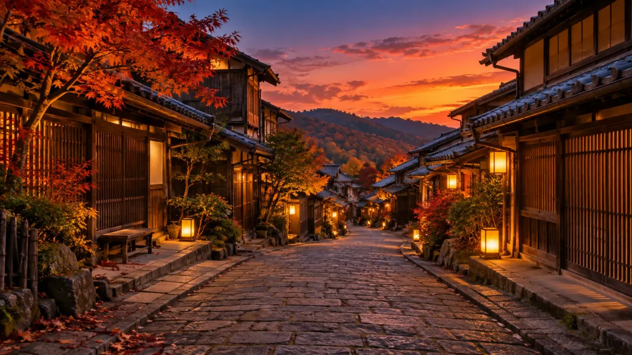 秋の夕暮れ、格子戸の古い町家が並ぶ石畳の通りに灯りがともり、遠くの山が色づいている(イメージ)